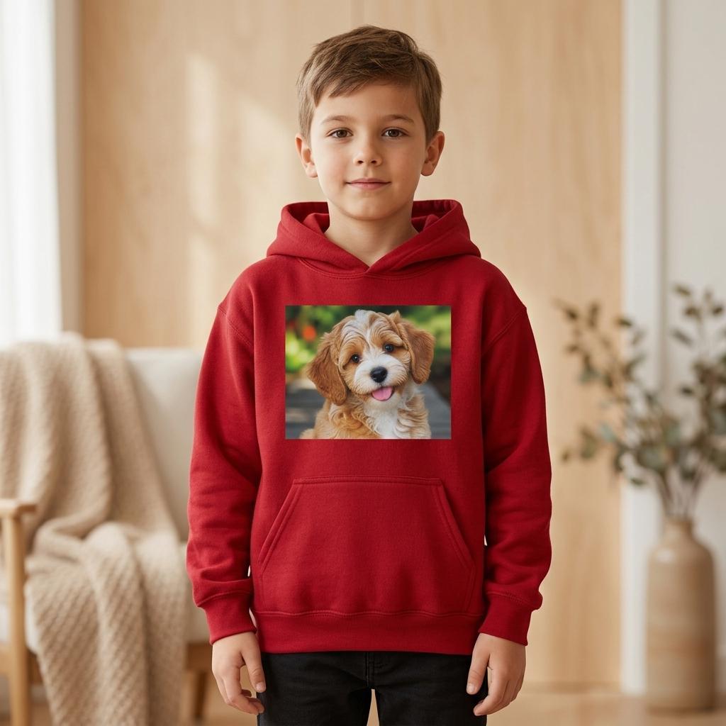 A young boy wearing a red pullover hoodie with a square graphic print of a brown and white puppy on the chest, standing in a warm, modern indoor room.