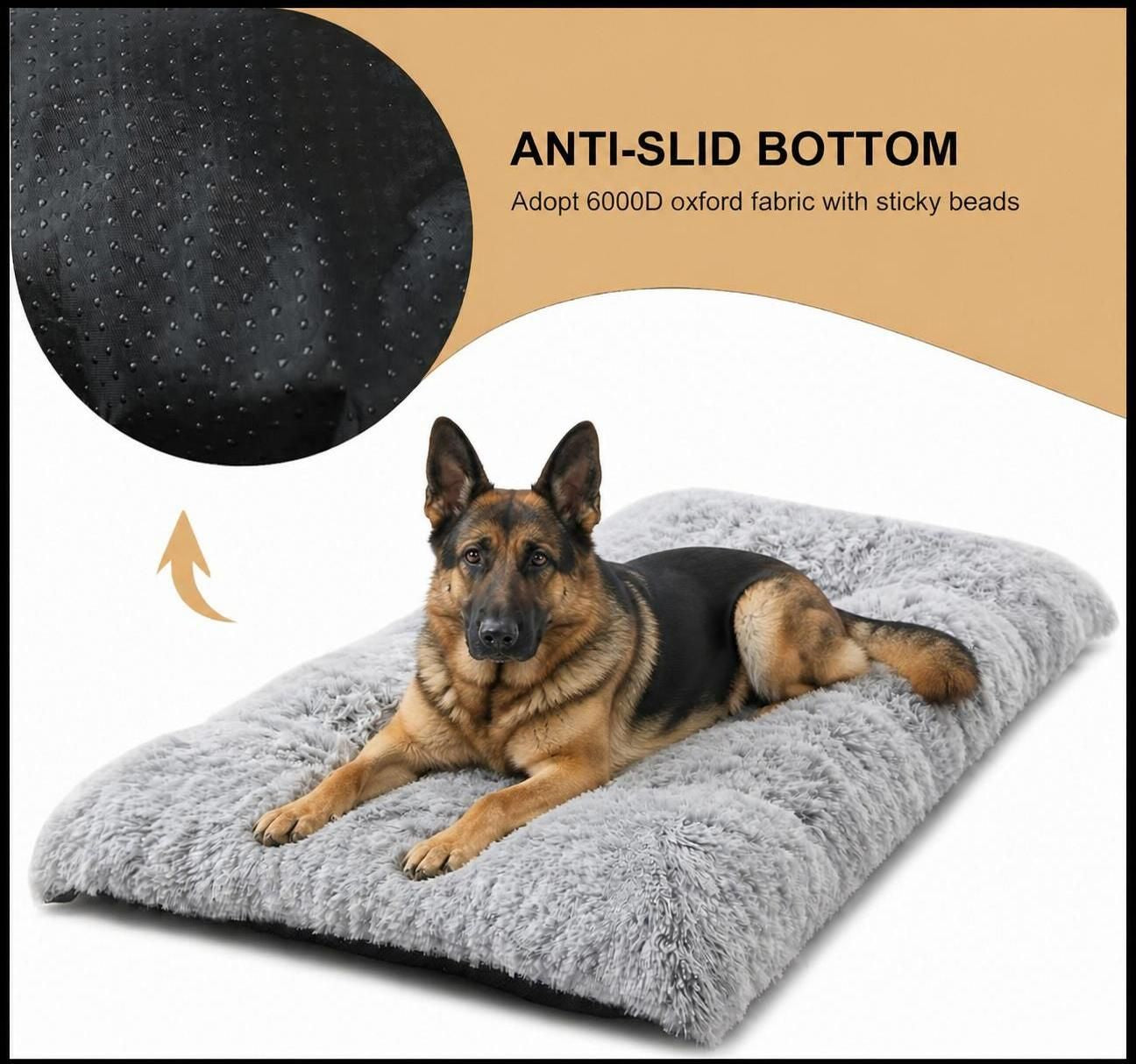 Long Plush Calming Dog Bed with Removable Washable Cover & Non-Slip Base, Grey (10cm Orthopedic Thickness)