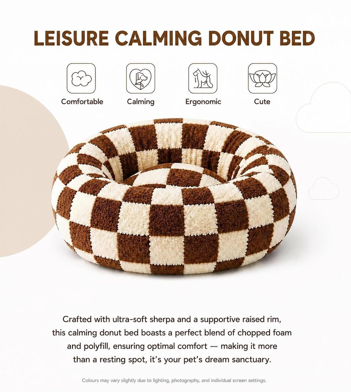 Cozy Checkered Donut Pet Bed – Soft Plush Calming Round Cushion for Small to Large Dogs & Cats (Multiple Sizes)