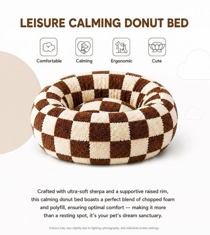 Cozy Checkered Donut Pet Bed – Soft Plush Calming Round Cushion for Small to Large Dogs & Cats (Multiple Sizes)