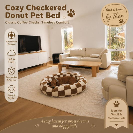 Cozy Checkered Donut Pet Bed – Soft Plush Calming Round Cushion for Small to Large Dogs & Cats (Multiple Sizes)