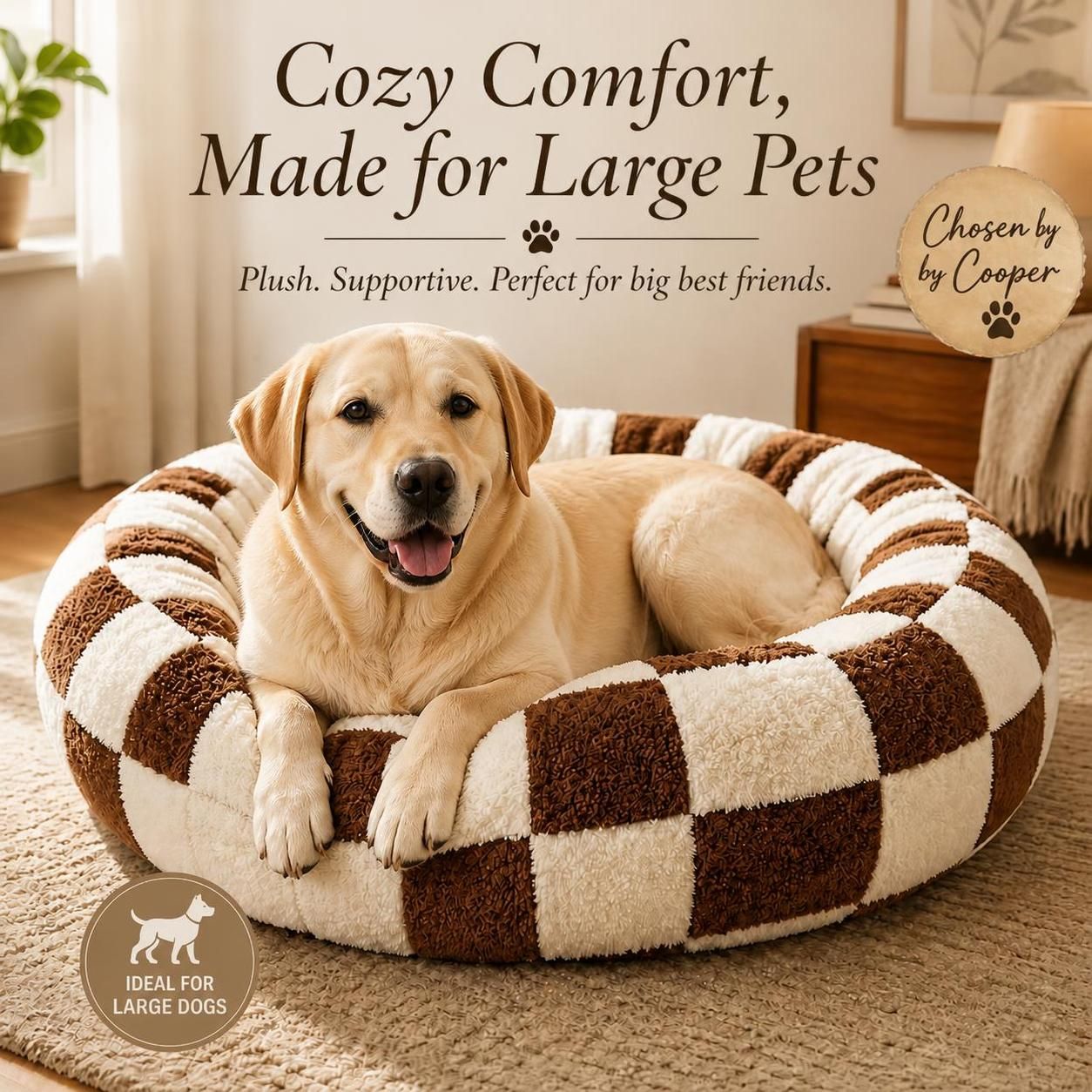 Cozy Checkered Donut Pet Bed – Soft Plush Calming Round Cushion for Small to Large Dogs & Cats (Multiple Sizes)