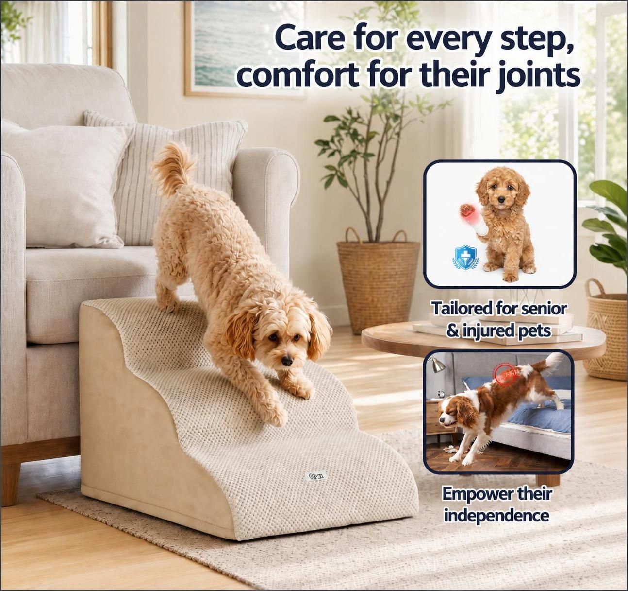 3-Tier Foam Dog Stairs & Pet Ramp for Bed & Sofa (Non-Slip, Washable Cover, Beige)