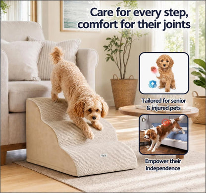 3-Tier Foam Dog Stairs & Pet Ramp for Bed & Sofa (Non-Slip, Washable Cover, Beige)