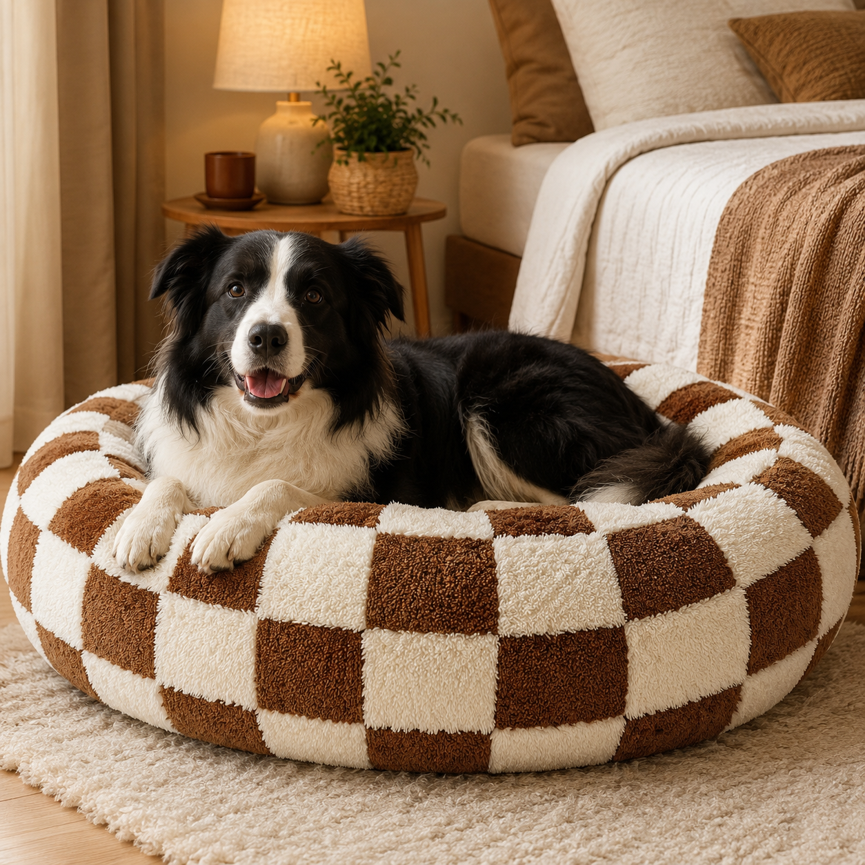 Cozy Checkered Donut Pet Bed – Soft Plush Calming Round Cushion for Small to Large Dogs & Cats (Multiple Sizes)