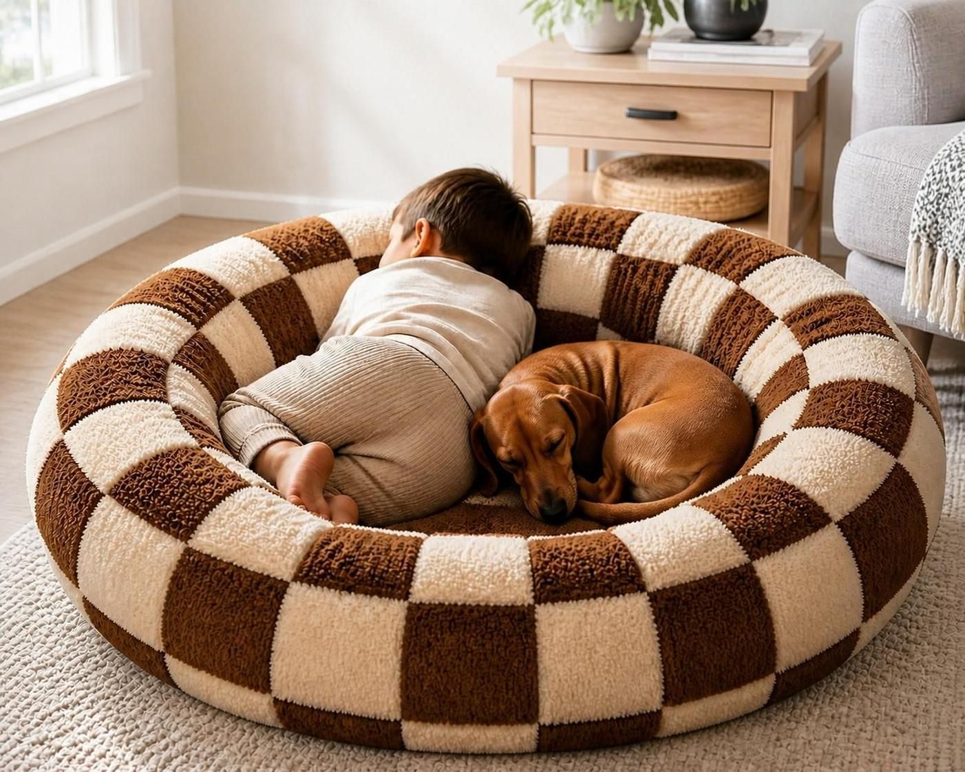 Cozy Checkered Donut Pet Bed – Soft Plush Calming Round Cushion for Small to Large Dogs & Cats (Multiple Sizes)