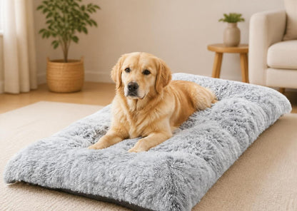 Long Plush Calming Dog Bed with Removable Washable Cover & Non-Slip Base, Grey (10cm Orthopedic Thickness)
