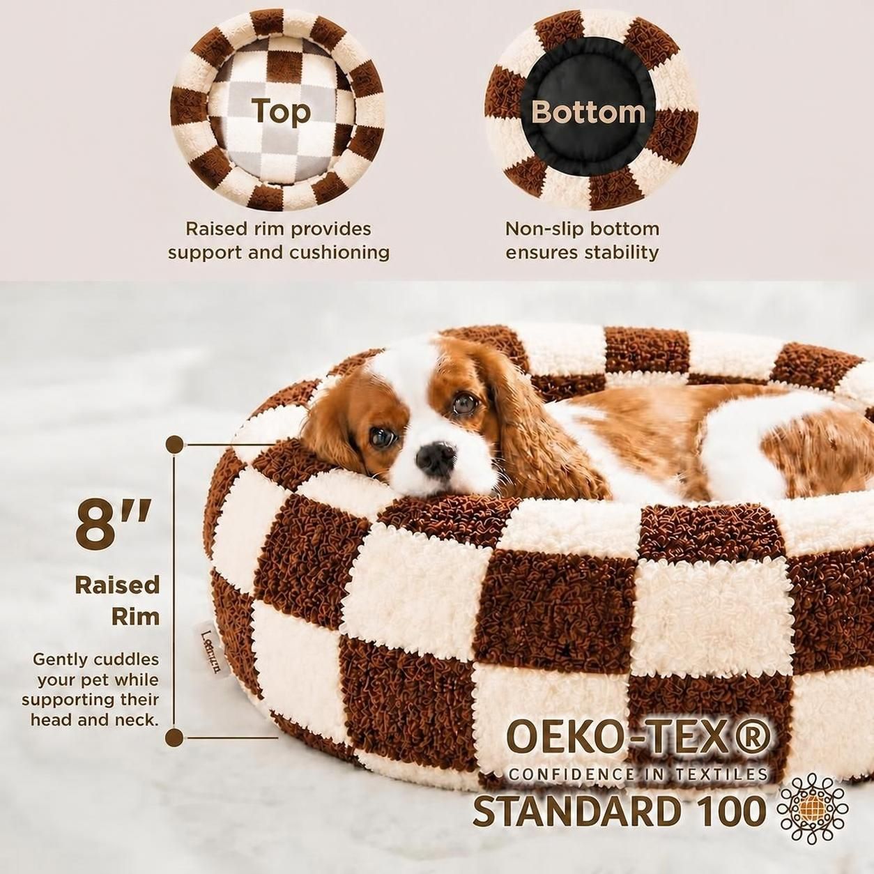 Cozy Checkered Donut Pet Bed – Soft Plush Calming Round Cushion for Small to Large Dogs & Cats (Multiple Sizes)