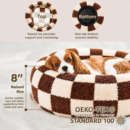 Cozy Checkered Donut Pet Bed – Soft Plush Calming Round Cushion for Small to Large Dogs & Cats (Multiple Sizes)