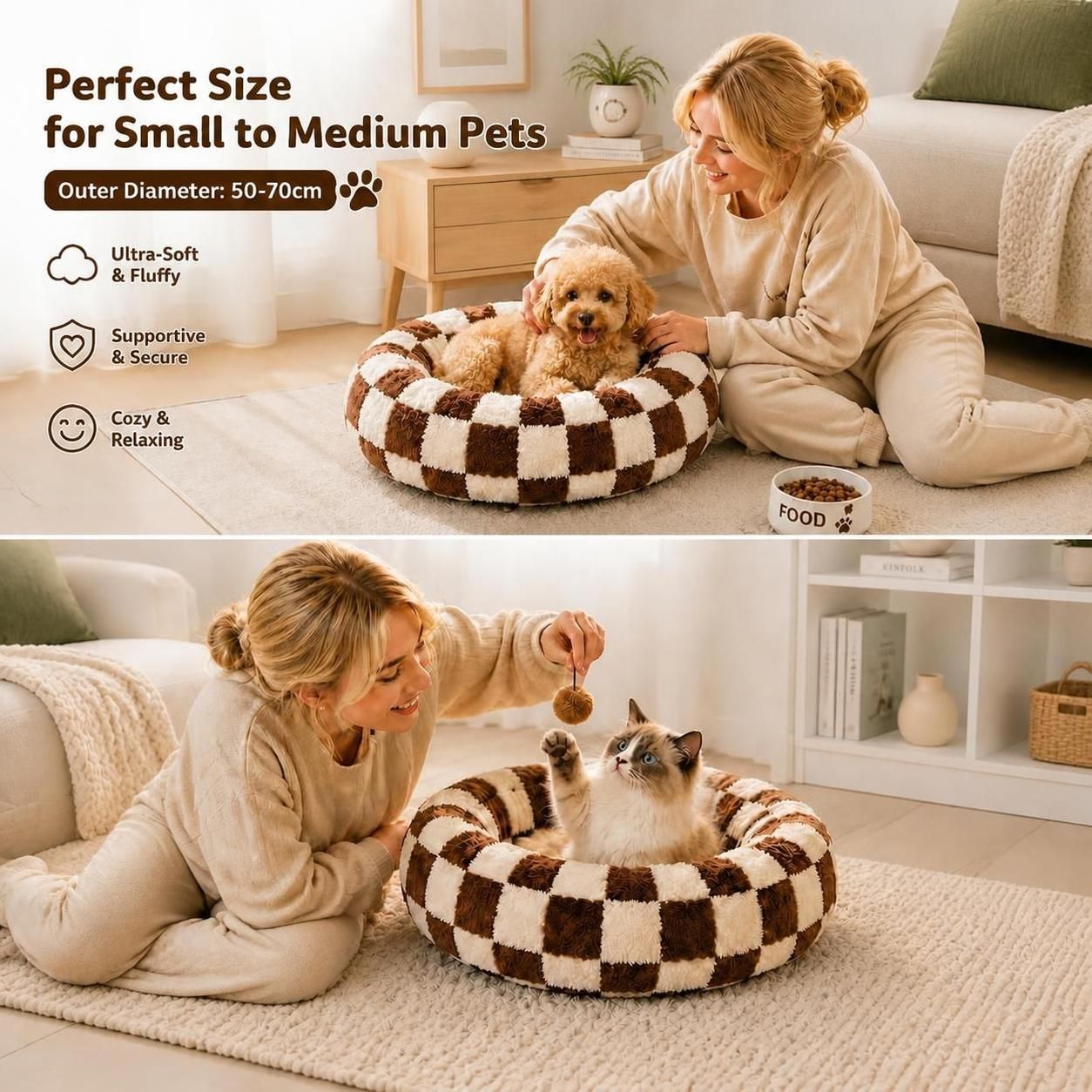 Cozy Checkered Donut Pet Bed – Soft Plush Calming Round Cushion for Small to Large Dogs & Cats (Multiple Sizes)