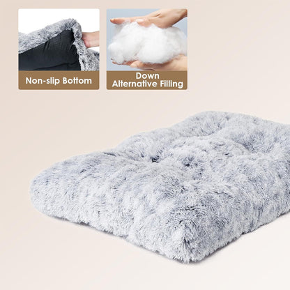 Long Plush Calming Dog Bed with Removable Washable Cover & Non-Slip Base, Grey (10cm Orthopedic Thickness)