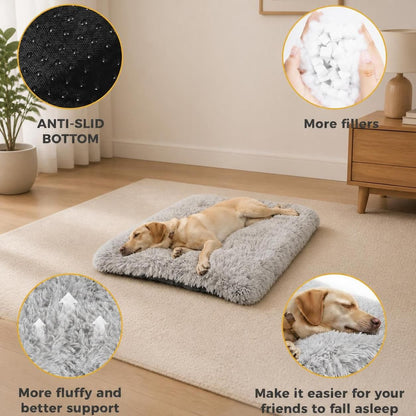 Long Plush Calming Dog Bed with Removable Washable Cover & Non-Slip Base, Grey (10cm Orthopedic Thickness)