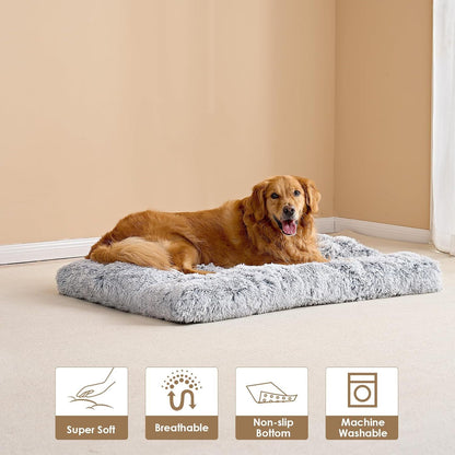 Long Plush Calming Dog Bed with Removable Washable Cover & Non-Slip Base, Grey (10cm Orthopedic Thickness)