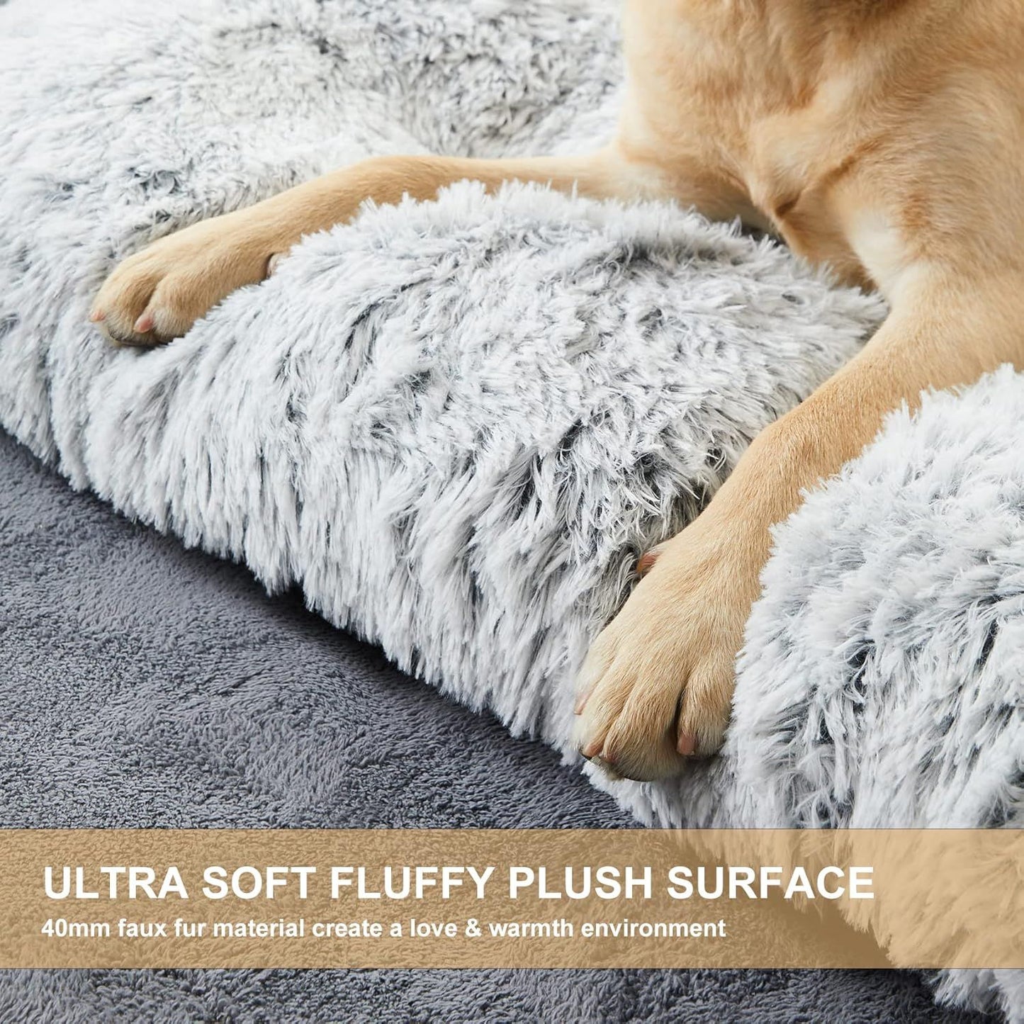 Long Plush Calming Dog Bed with Removable Washable Cover & Non-Slip Base, Grey (10cm Orthopedic Thickness)