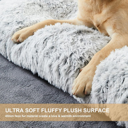 Long Plush Calming Dog Bed with Removable Washable Cover & Non-Slip Base, Grey (10cm Orthopedic Thickness)