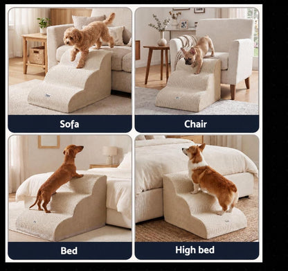 3-Tier Foam Dog Stairs & Pet Ramp for Bed & Sofa (Non-Slip, Washable Cover, Beige)