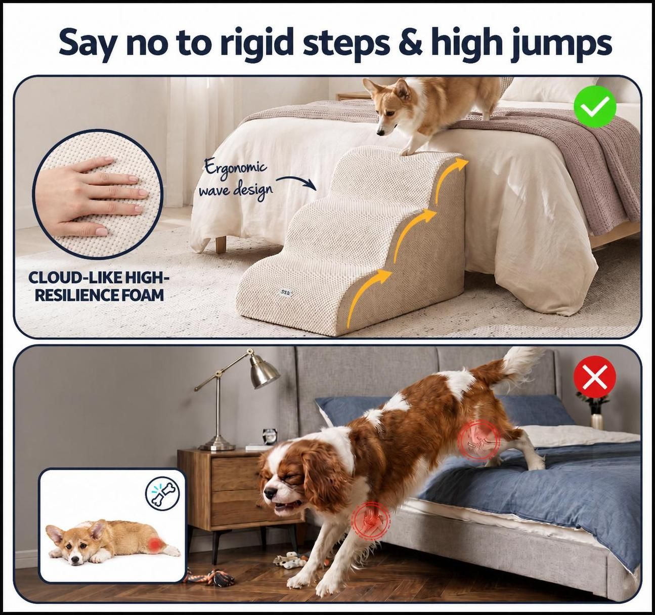 3-Tier Foam Dog Stairs & Pet Ramp for Bed & Sofa (Non-Slip, Washable Cover, Beige)