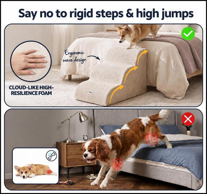 3-Tier Foam Dog Stairs & Pet Ramp for Bed & Sofa (Non-Slip, Washable Cover, Beige)