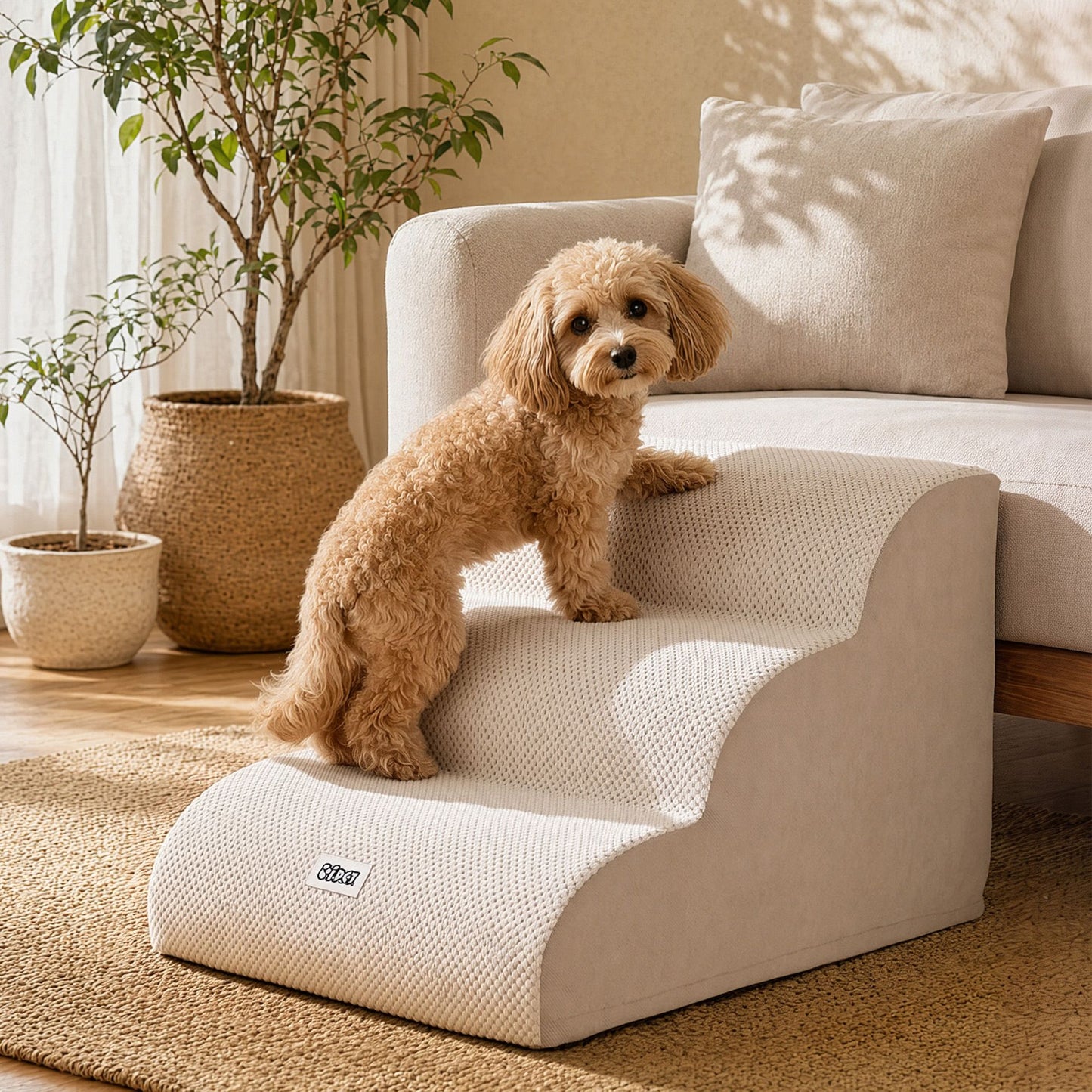 3-Tier Foam Dog Stairs & Pet Ramp for Bed & Sofa (Non-Slip, Washable Cover, Beige)
