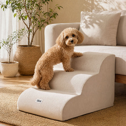 3-Tier Foam Dog Stairs & Pet Ramp for Bed & Sofa (Non-Slip, Washable Cover, Beige)